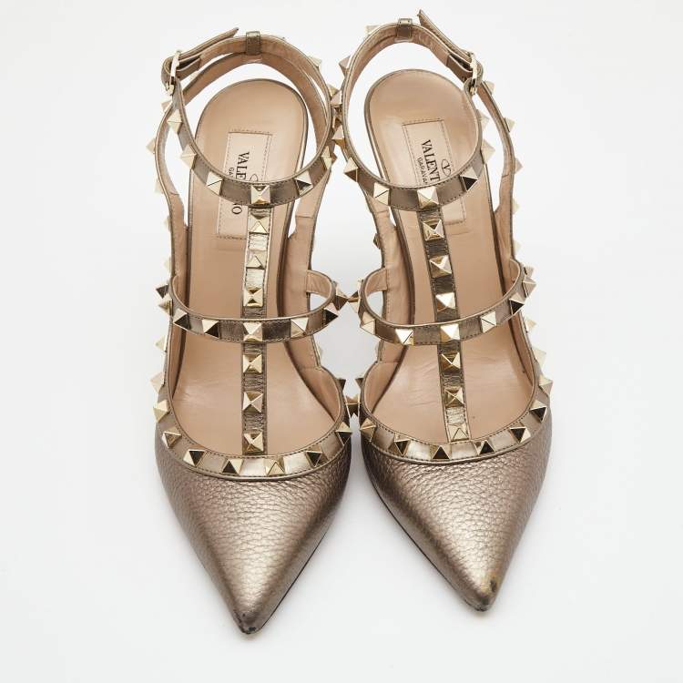 Pre Owned Valentino Metallic Grey Leather Rockstud Ankle Strap Pumps Size 39