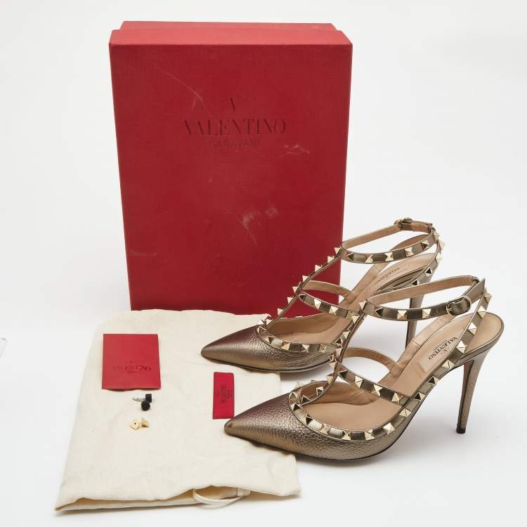 Pre Owned Valentino Metallic Grey Leather Rockstud Ankle Strap Pumps Size 39