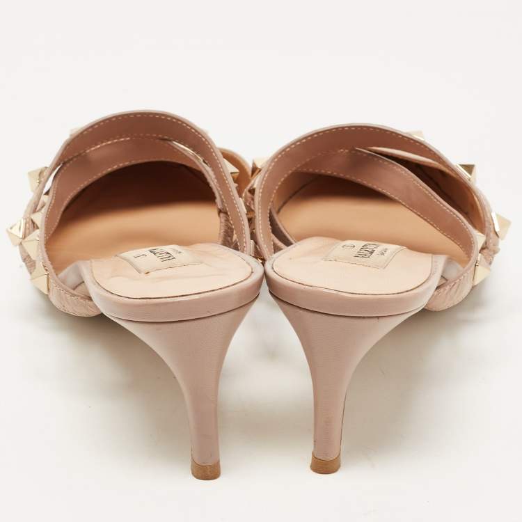 Pre Owned Valentino Beige Leather Rockstud Strappy Mules Size 37