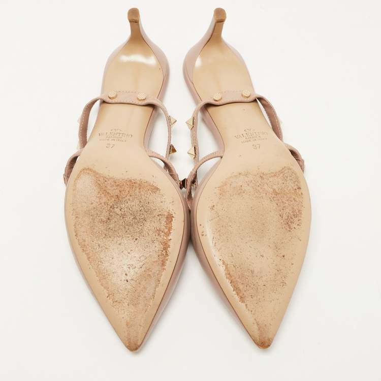 Pre Owned Valentino Beige Leather Rockstud Strappy Mules Size 37
