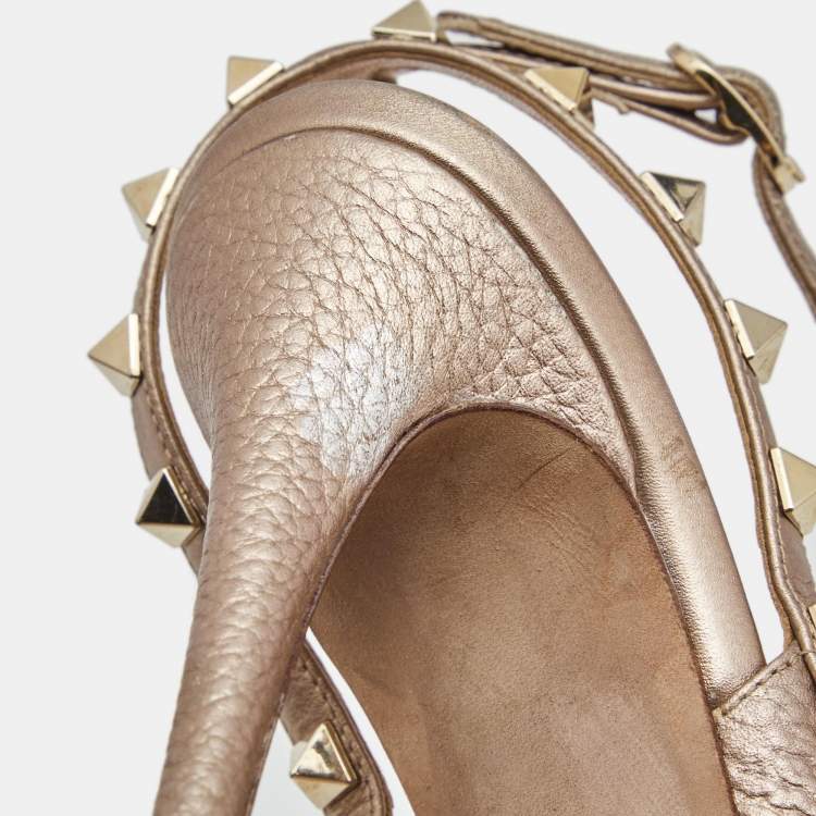 Pre Owned Valentino Metallic Leather Rockstud Strappy Pointed Toe Pumps Size 39