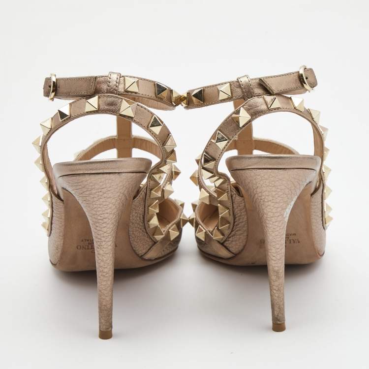 Pre Owned Valentino Metallic Leather Rockstud Strappy Pointed Toe Pumps Size 39