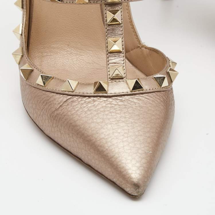Pre Owned Valentino Metallic Leather Rockstud Strappy Pointed Toe Pumps Size 39