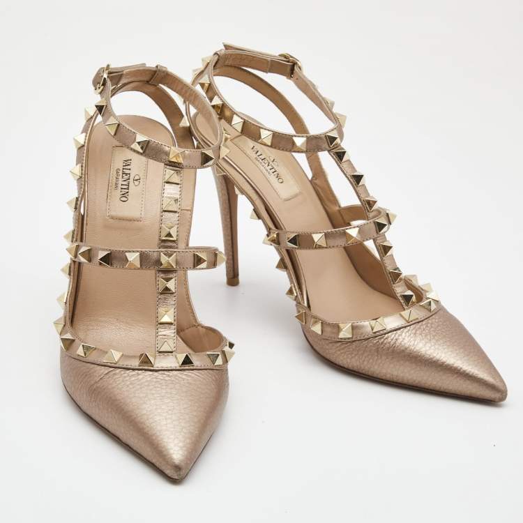 Pre Owned Valentino Metallic Leather Rockstud Strappy Pointed Toe Pumps Size 39
