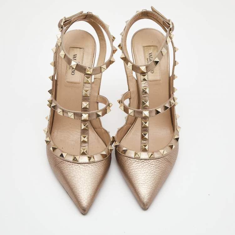 Pre Owned Valentino Metallic Leather Rockstud Strappy Pointed Toe Pumps Size 39