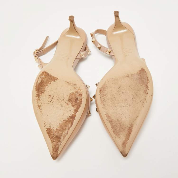 Pre Owned Valentino Beige Leather Rockstud Slingback Pumps Size 37