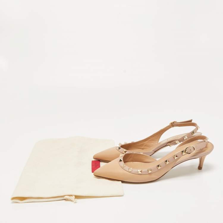 Pre Owned Valentino Beige Leather Rockstud Slingback Pumps Size 37