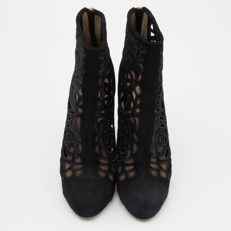 Pre Owned Valentino Black Laser Cut Suede Ankle Length Boots Size 38