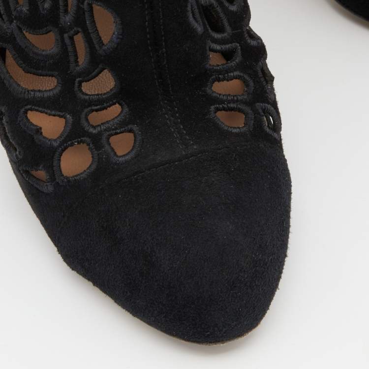 Pre Owned Valentino Black Laser Cut Suede Ankle Length Boots Size 38