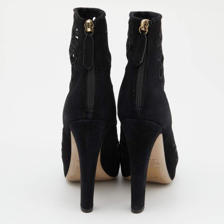 Pre Owned Valentino Black Laser Cut Suede Ankle Length Boots Size 38