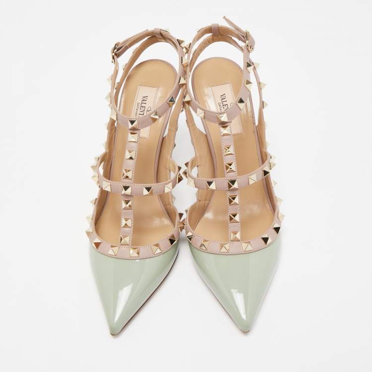 Pre Owned Valentino Green Patent Leather Rockstud Strappy Pumps Size 39