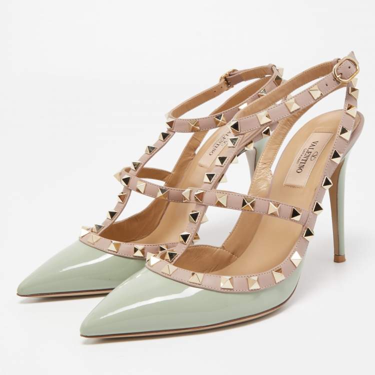 Pre Owned Valentino Green Patent Leather Rockstud Strappy Pumps Size 39