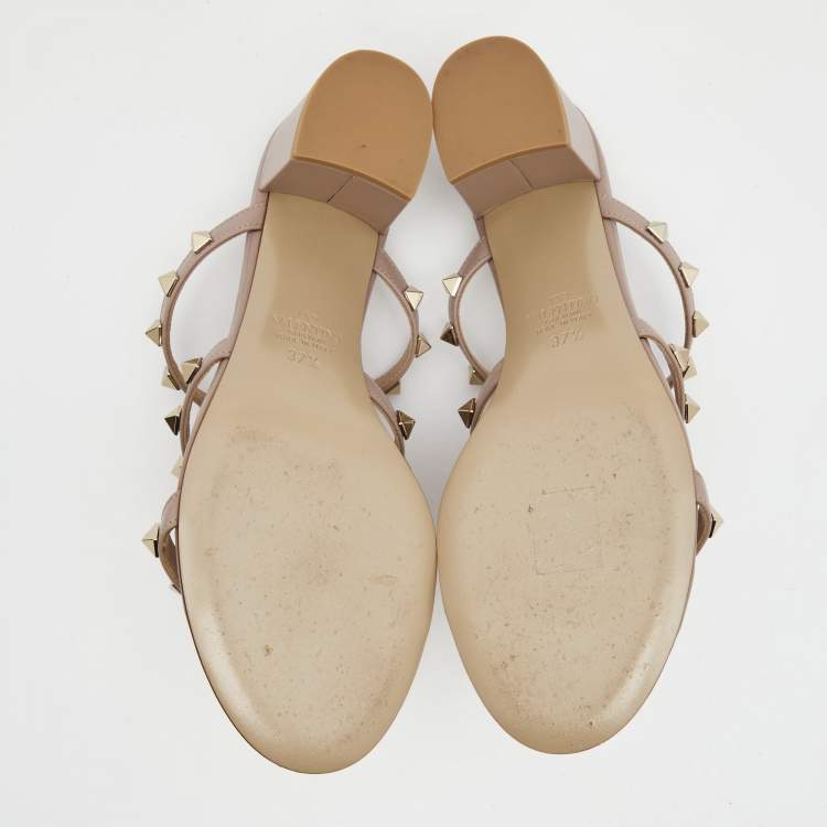 Pre Owned Valentino Pink Leather Rockstud Strappy Block Heel Sandals Size 37.5