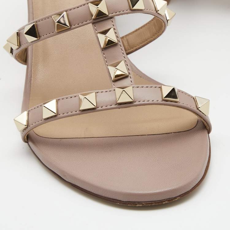 Pre Owned Valentino Pink Leather Rockstud Strappy Block Heel Sandals Size 37.5