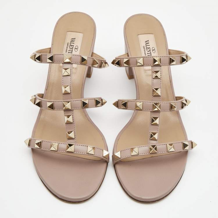 Pre Owned Valentino Pink Leather Rockstud Strappy Block Heel Sandals Size 37.5
