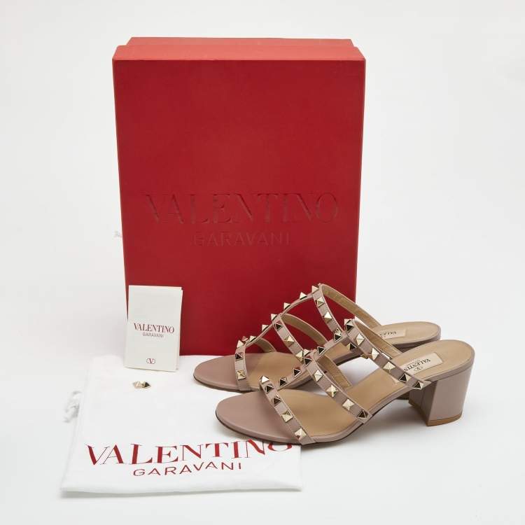 Pre Owned Valentino Pink Leather Rockstud Strappy Block Heel Sandals Size 37.5