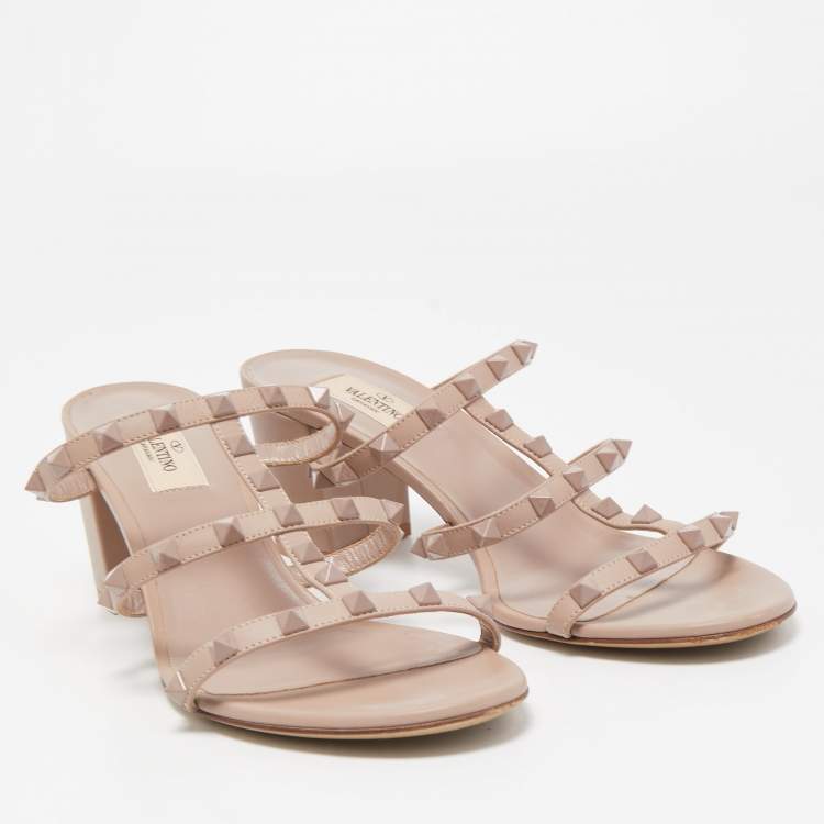 Pre Owned Valentino Beige Leather Rockstud Block Heel Slide Sandals Size 41