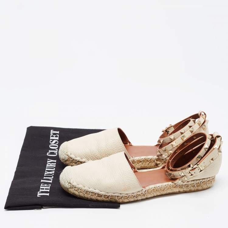 Pre Owned Valentino Cream Leather Rockstud Espadrille Ankle Strap Flats Size 38