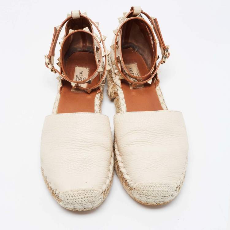 Pre Owned Valentino Cream Leather Rockstud Espadrille Ankle Strap Flats Size 38