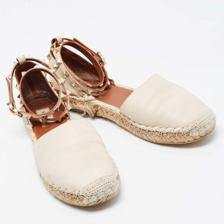 Pre Owned Valentino Cream Leather Rockstud Espadrille Ankle Strap Flats Size 38