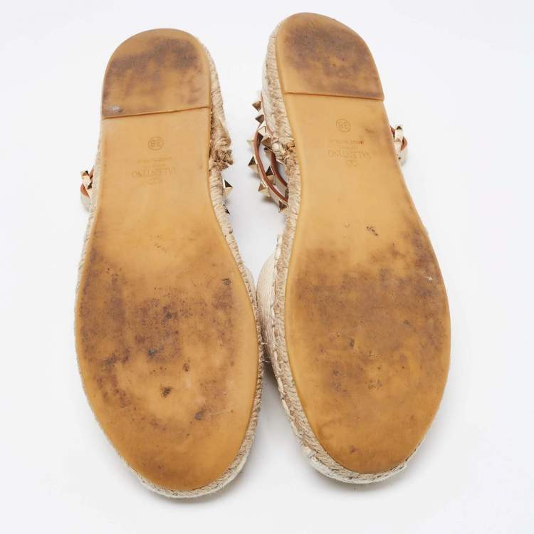 Pre Owned Valentino Cream Leather Rockstud Espadrille Ankle Strap Flats Size 38