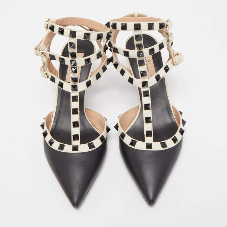 مملوكة مسبقًا Valentino Black/White Leather Rockstud Pumps Size 38.5