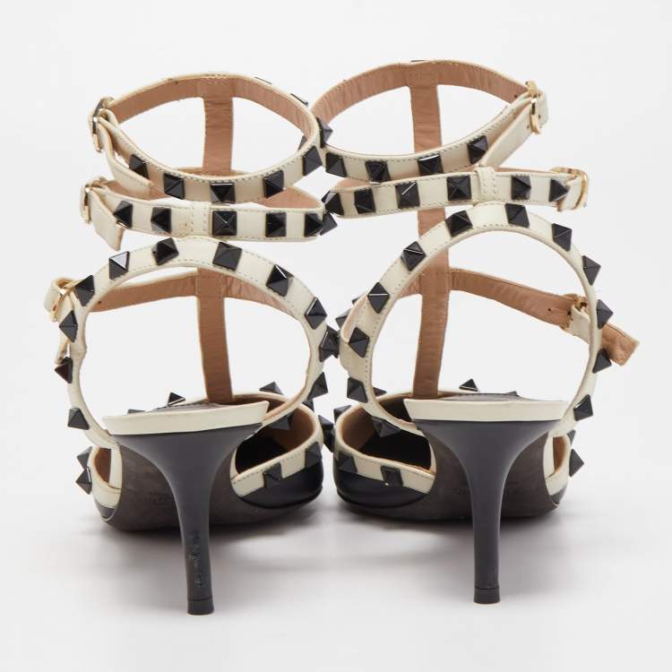 مملوكة مسبقًا Valentino Black/White Leather Rockstud Pumps Size 38.5