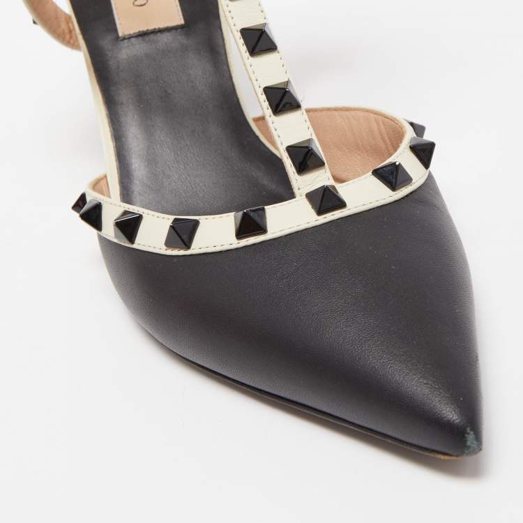 مملوكة مسبقًا Valentino Black/White Leather Rockstud Pumps Size 38.5