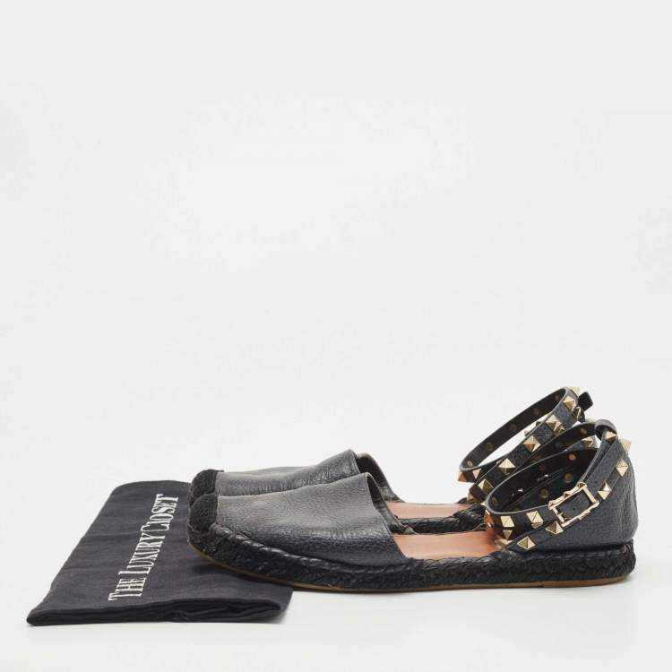Pre Owned Valentino Black Leather Rockstud Flat Espadrilles Size 39