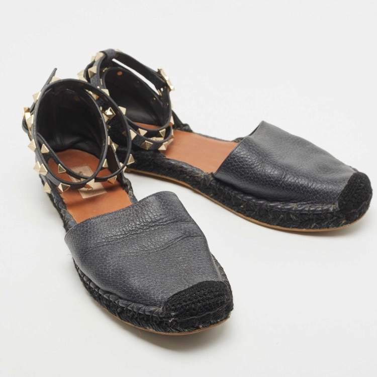 Pre Owned Valentino Black Leather Rockstud Flat Espadrilles Size 39