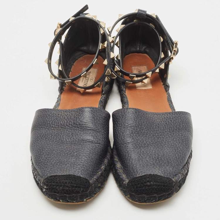 Pre Owned Valentino Black Leather Rockstud Flat Espadrilles Size 39