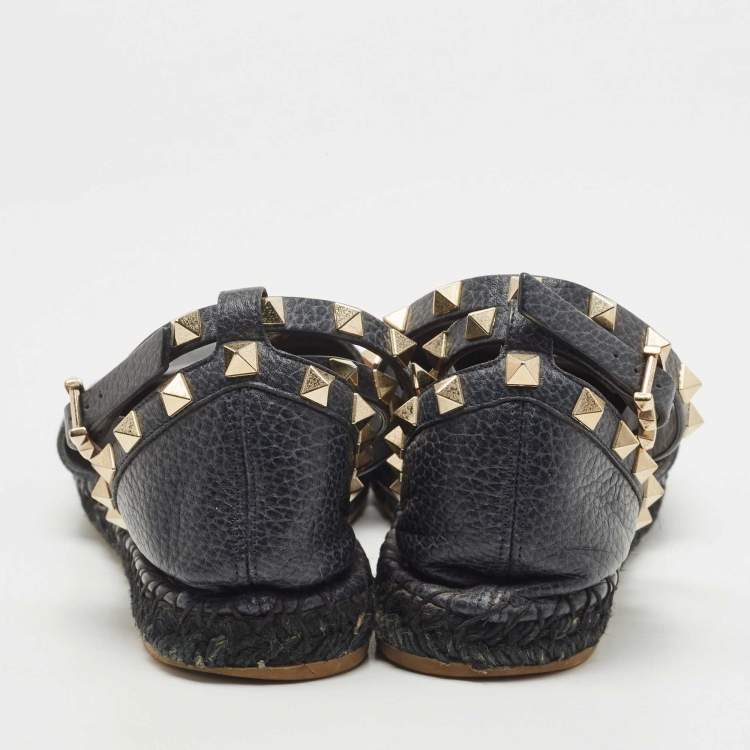 Pre Owned Valentino Black Leather Rockstud Flat Espadrilles Size 39