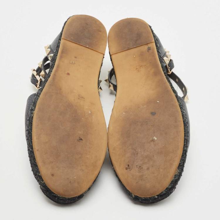 Pre Owned Valentino Black Leather Rockstud Flat Espadrilles Size 39