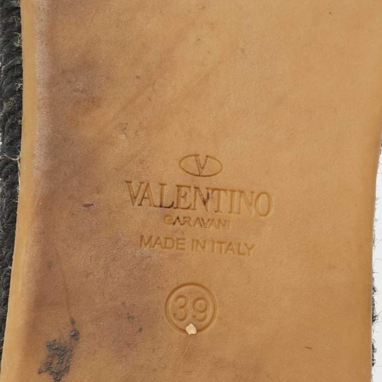 Pre Owned Valentino Black Leather Rockstud Flat Espadrilles Size 39