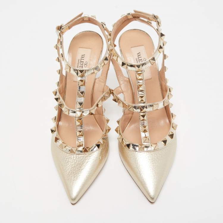 Pre Owned Valentino Gold Foil Leather Rockstud Strappy Pumps Size 36.5