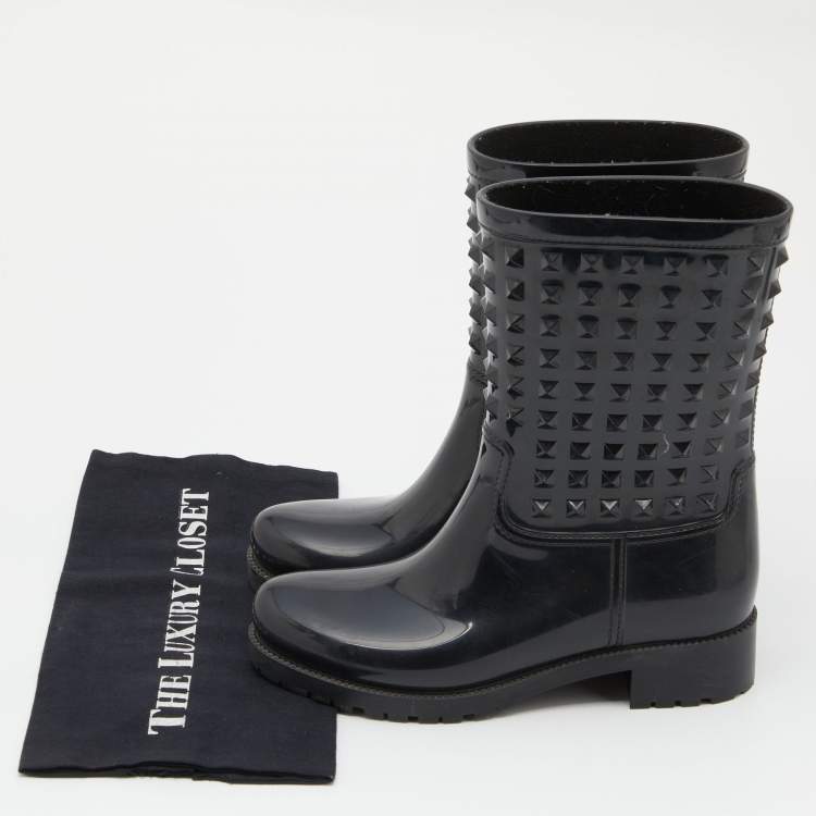 Pre Owned Valentino Black Rubber Rockstud Rain Boots Size 39