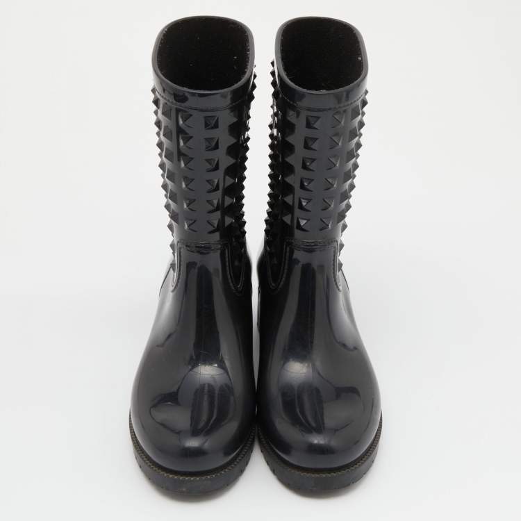Pre Owned Valentino Black Rubber Rockstud Rain Boots Size 39