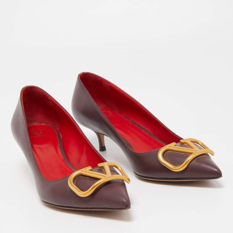 Pre Owned Valentino Burgundy Leather Escape V Logo Pointed Toe Pumps Size 38