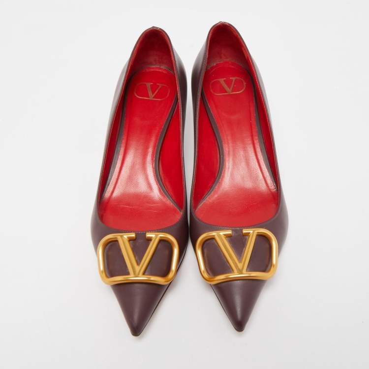 Pre Owned Valentino Burgundy Leather Escape V Logo Pointed Toe Pumps Size 38