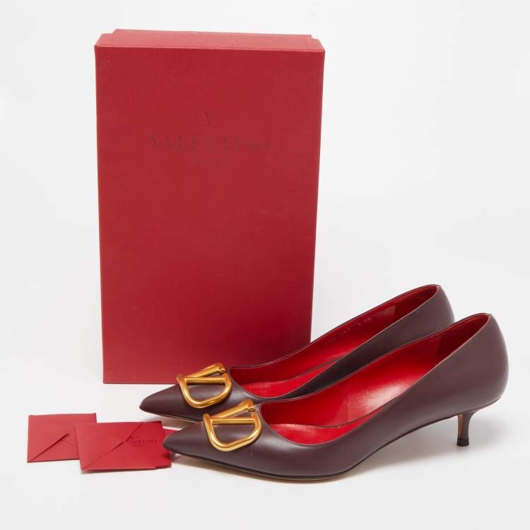 Pre Owned Valentino Burgundy Leather Escape V Logo Pointed Toe Pumps Size 38