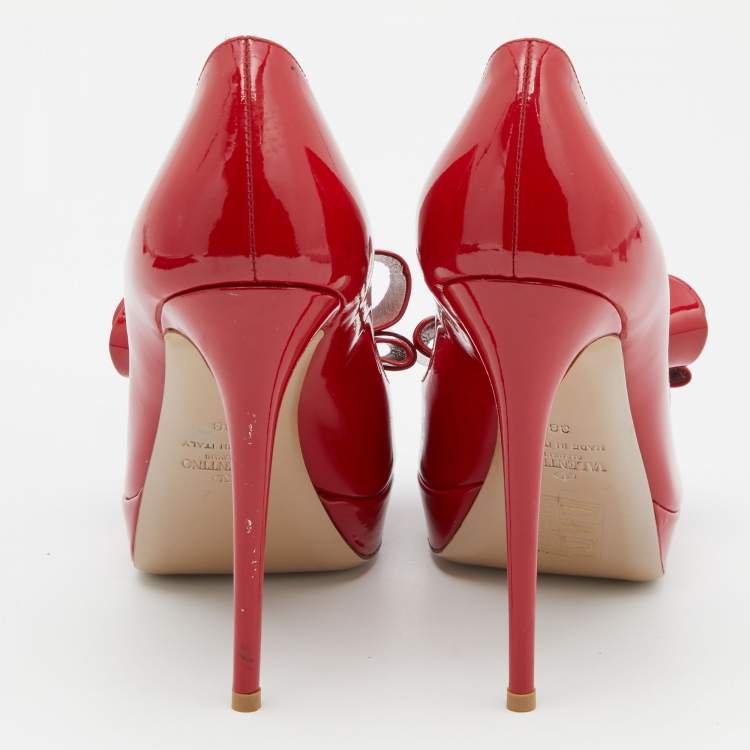 Pre Owned Valentino Red Patent Leather Bow Peep Toe Platform Pumps Size 38
