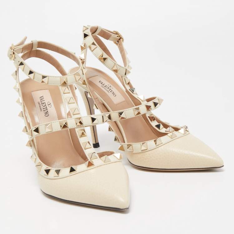Pre Owned Valentino Cream Leather Rockstud Ankle Strap Pumps Size 36.5