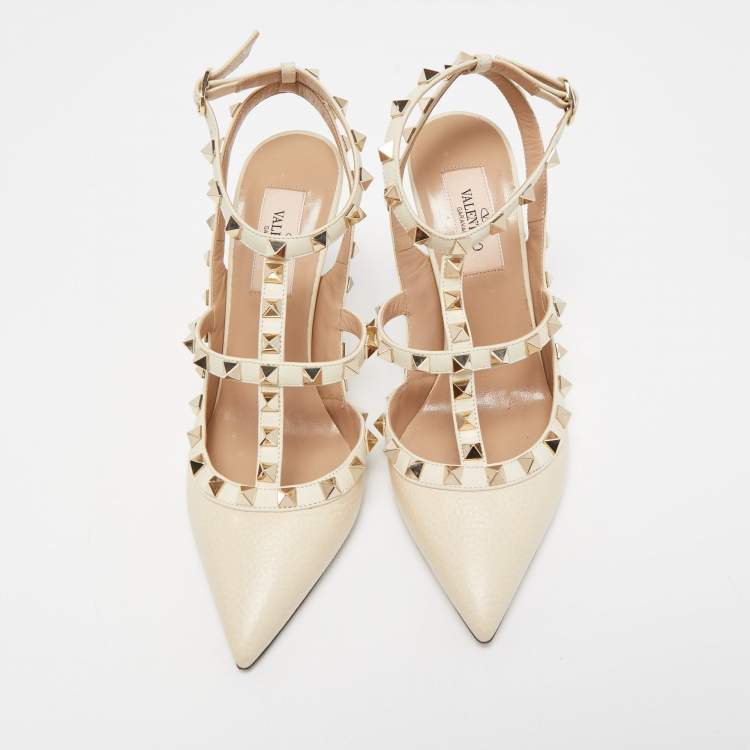Pre Owned Valentino Cream Leather Rockstud Ankle Strap Pumps Size 36.5