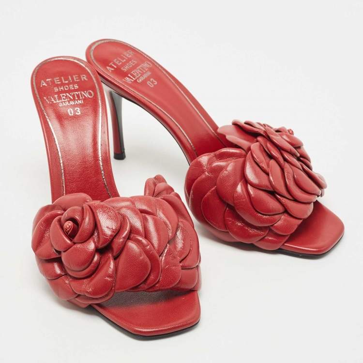 Pre Owned Valentino Red Leather Rose Atelier Slide Sandals Size 36.5