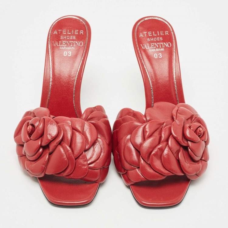 Pre Owned Valentino Red Leather Rose Atelier Slide Sandals Size 36.5