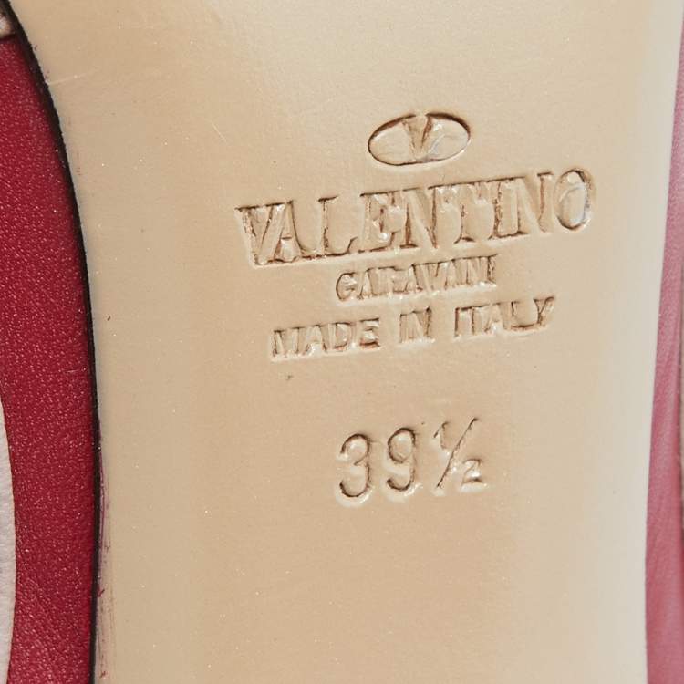 Pre Owned Valentino Red/Pink Leather Rockstud Ankle Strap Pumps Size 39.5
