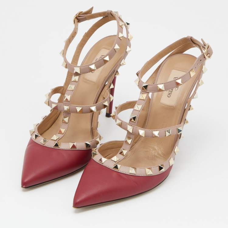 Pre Owned Valentino Red/Pink Leather Rockstud Ankle Strap Pumps Size 39.5