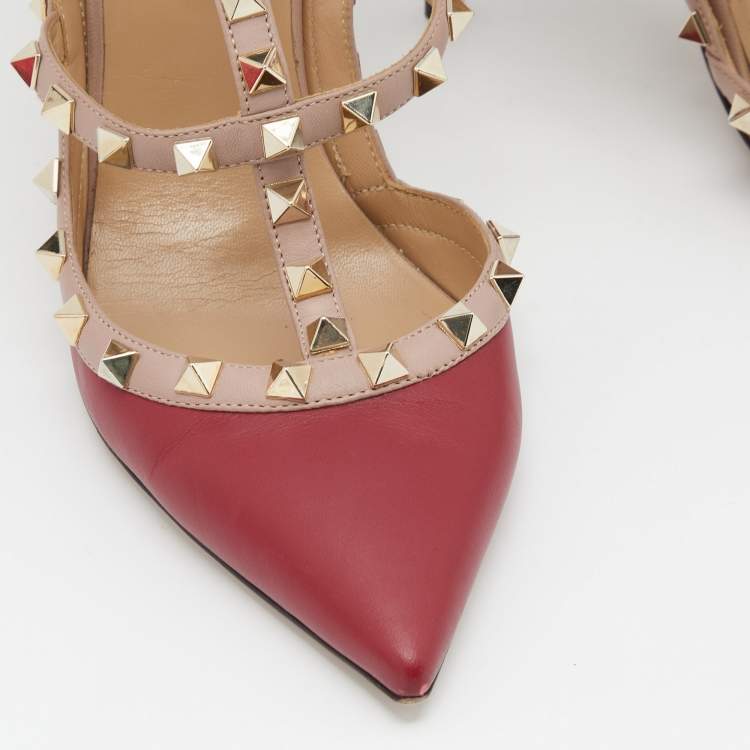 Pre Owned Valentino Red/Pink Leather Rockstud Ankle Strap Pumps Size 39.5
