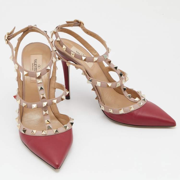 Pre Owned Valentino Red/Pink Leather Rockstud Ankle Strap Pumps Size 39.5