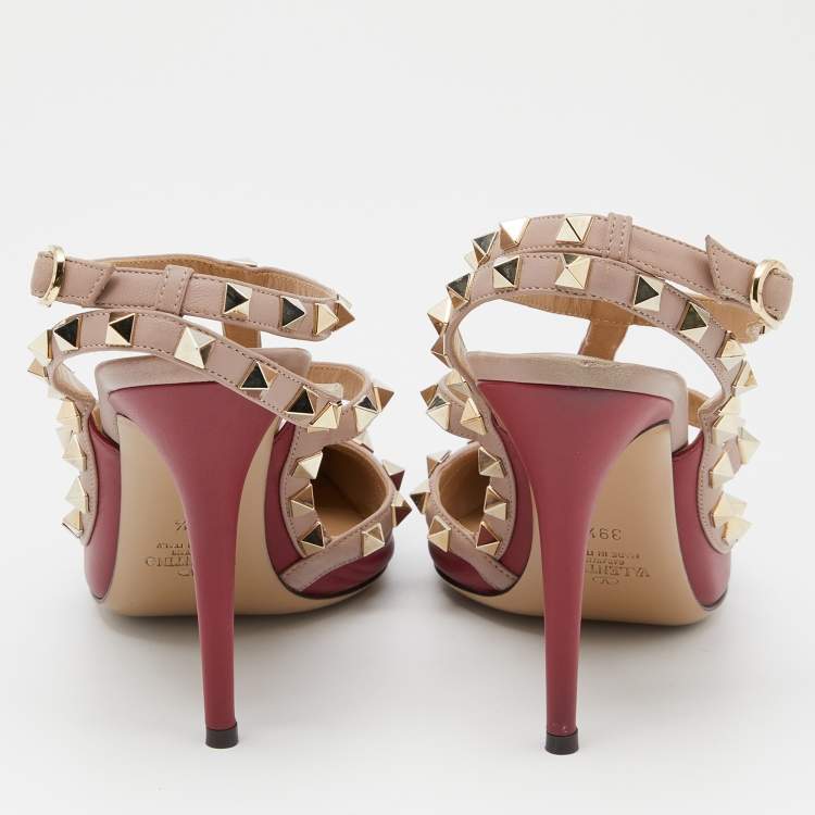 Pre Owned Valentino Red/Pink Leather Rockstud Ankle Strap Pumps Size 39.5